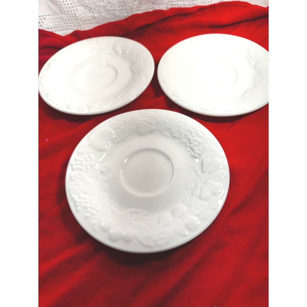 Gibson Housewares White China Saucers Set of 3 Embossed Fruit Border 6 inch
